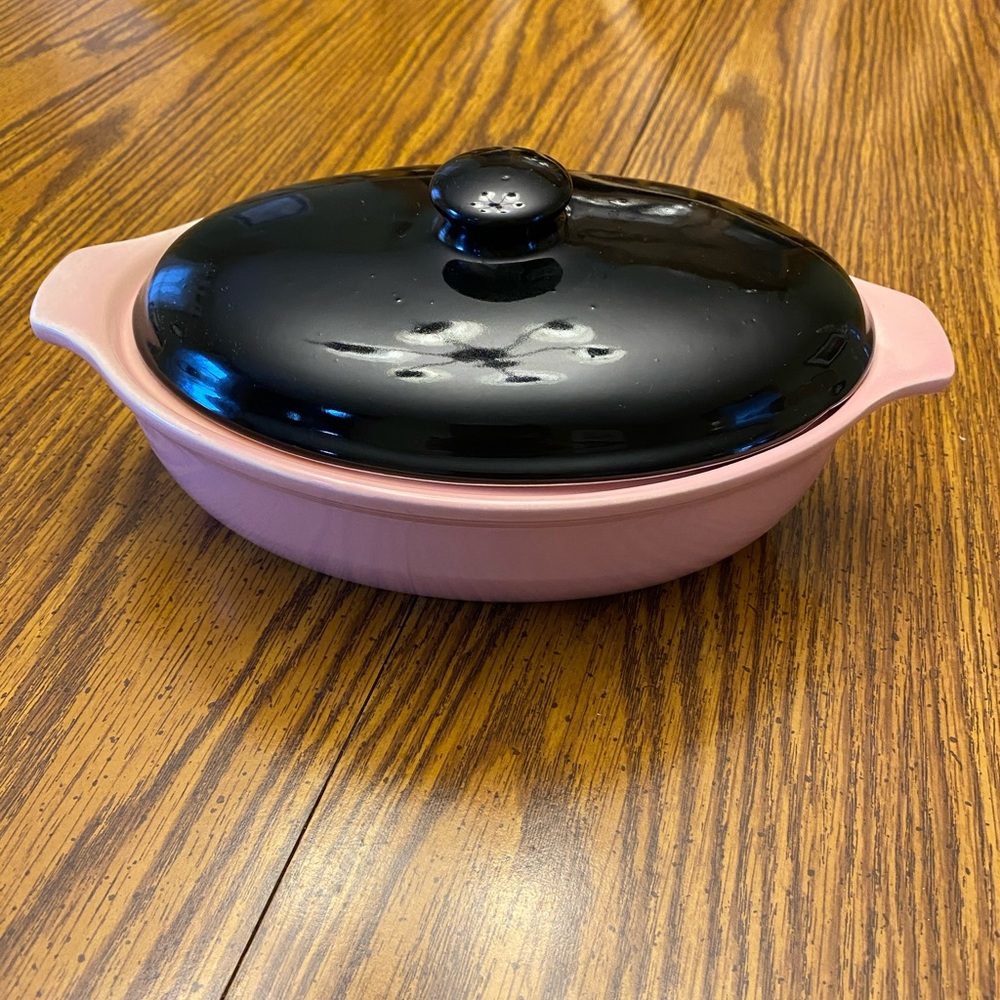Vintage Pink and black casserole dish with lid